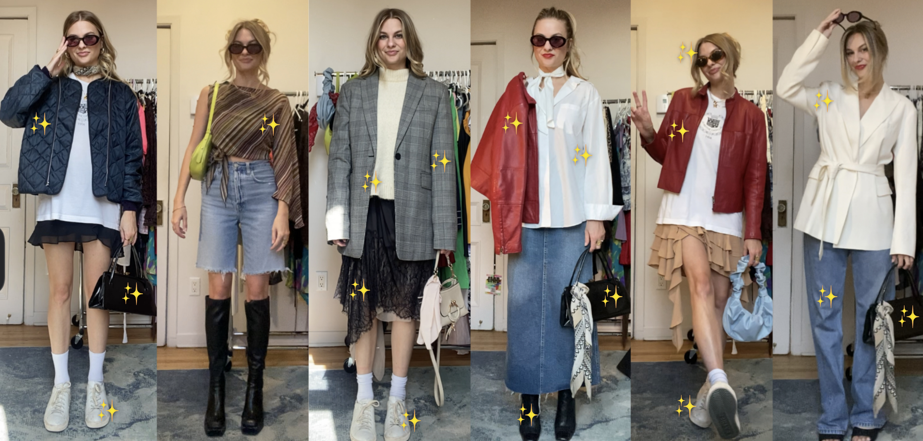 Six outfits I styled based off the Pinterest formula. There are stars marking which items are thrifted or secondhand