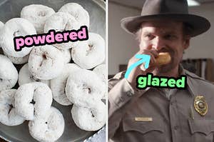 On the left, some powdered donuts on a plate, and on the right, Hopper from Stranger Things eating a glazed donut