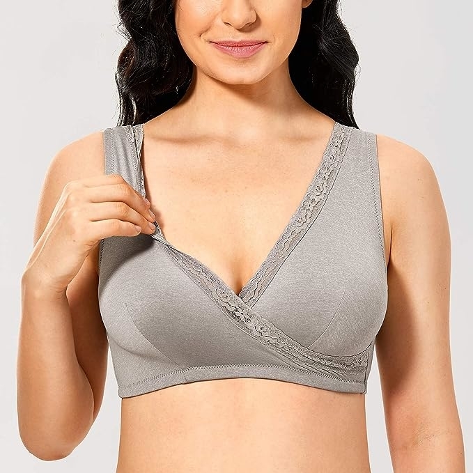 Model wearing a gray bra