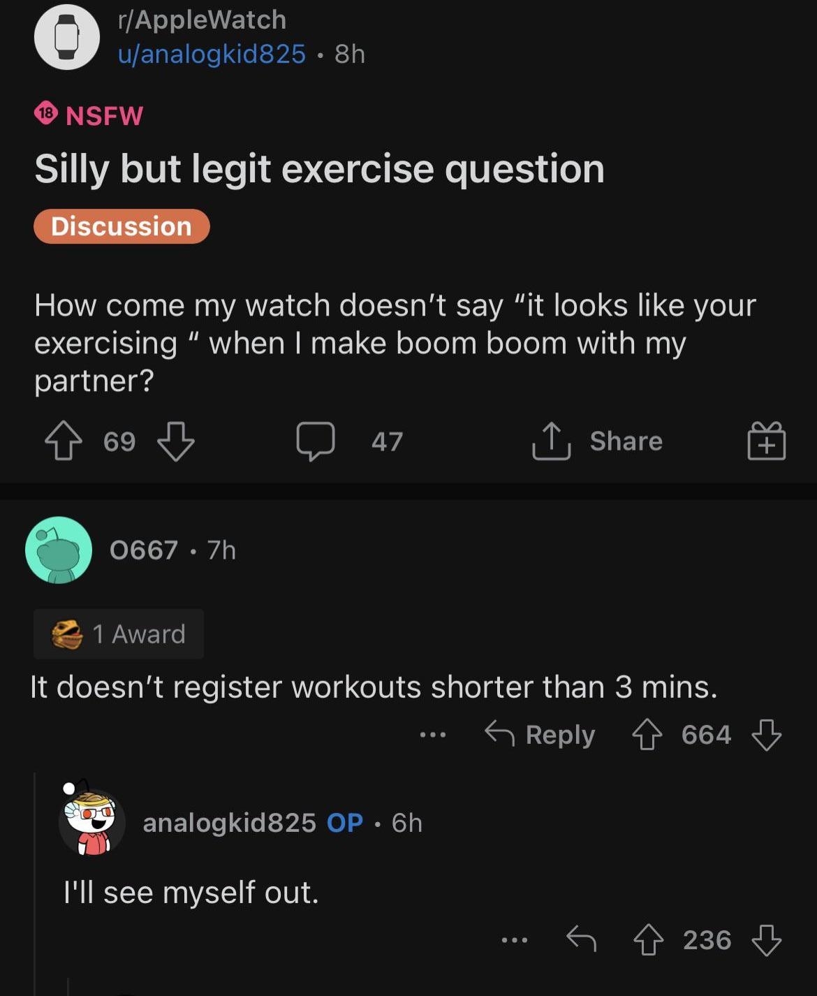 "Silly but legit exercise question: How come my watch doesn't say 'it looks like your exercising' when I make boom boom with my partner?" "It doesn't register workouts shorter than 3 minutes"; 'I'll see myself out"