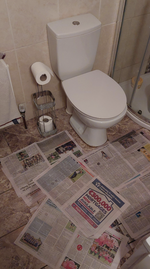 Newspaper all over the floor around a toilet bowl