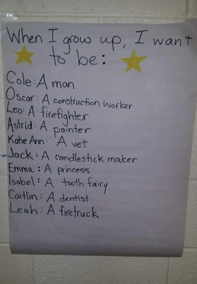 &quot;When I grow up, I want to be&quot; handwritten sign, with different children&#x27;s answers, including &quot;Cole: A man,&quot; &quot;Emma: A princess,&quot; &quot;Leo: A firefighter,&quot; &quot;Caitlin: A dentist,&quot; and &quot;Leah: A firetruck&quot;