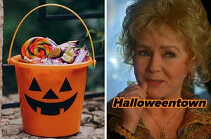 On the left, a bucket with a jack o lantern face on it filled with candy, and on the right, Debbie Reynolds as Aggie in Halloweentown