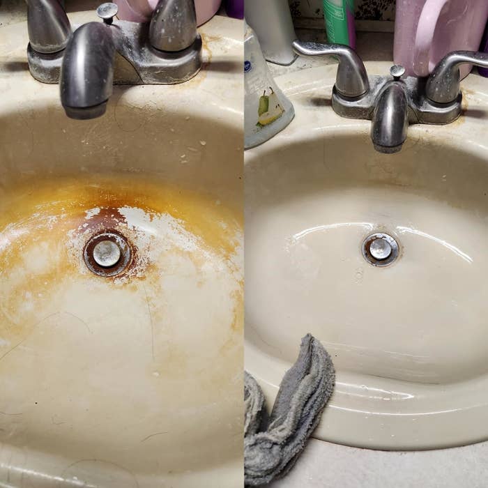A reviewer&#x27;s white sink path before cleaning (looking orange and rusty) and after (back to the natural white color)