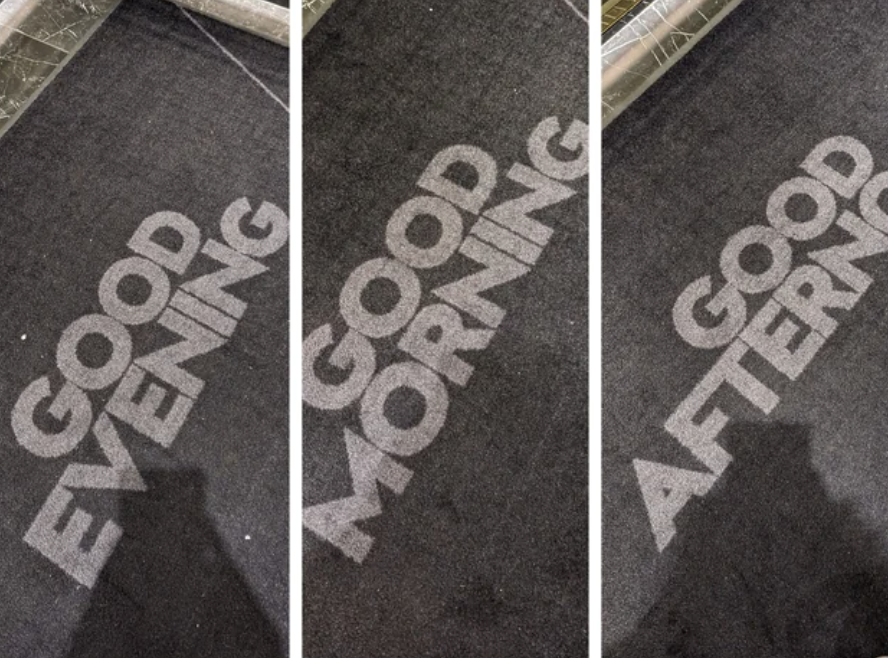 Side-by-side of welcome mats for different parts of the day