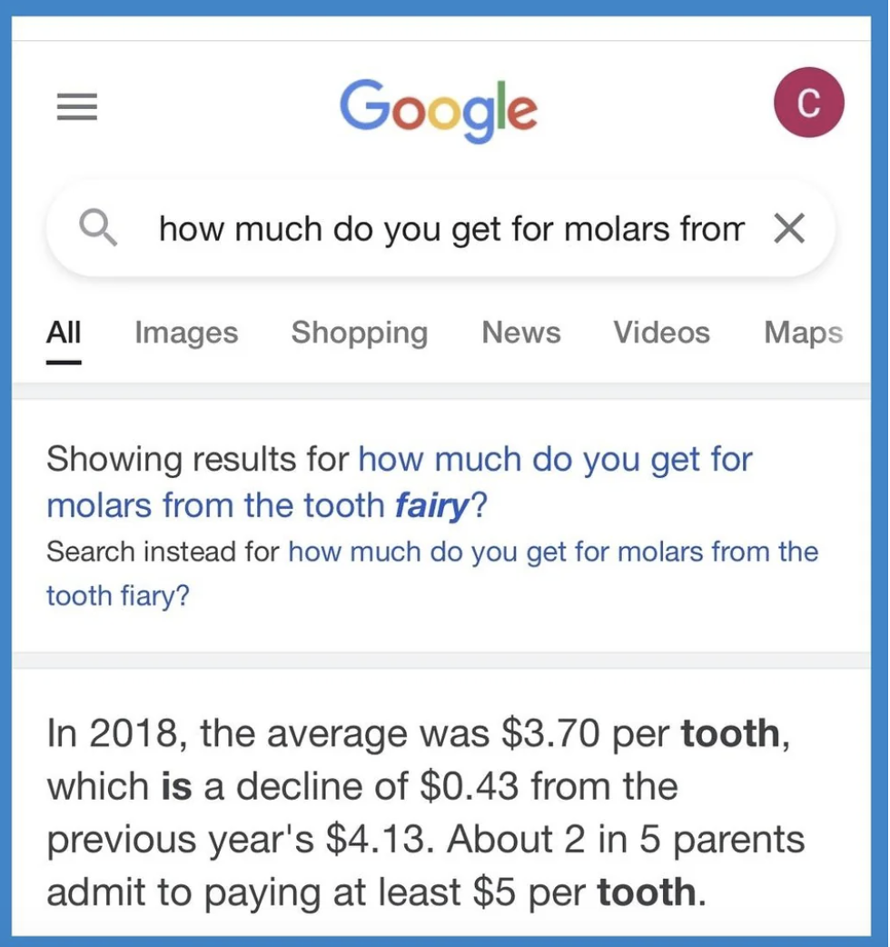 Google search for how much you get for molars from the tooth fairy