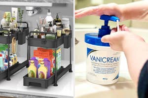on left: under cabinet storage bins. on right: hand pumping Vanicream lotion
