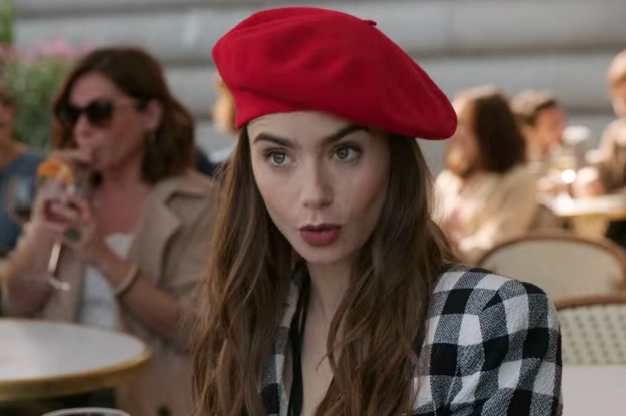 Lily Collins wearing a beret as Emily in Emily in Paris