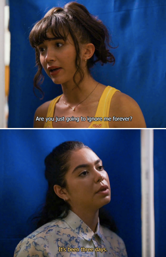 Rowan Blanchard and Auliʻi Cravalho in &quot;Crush,&quot; with question, &quot;Are you just going to ignore me forever?&quot; Response: &quot;It&#x27;s been three days&#x27;