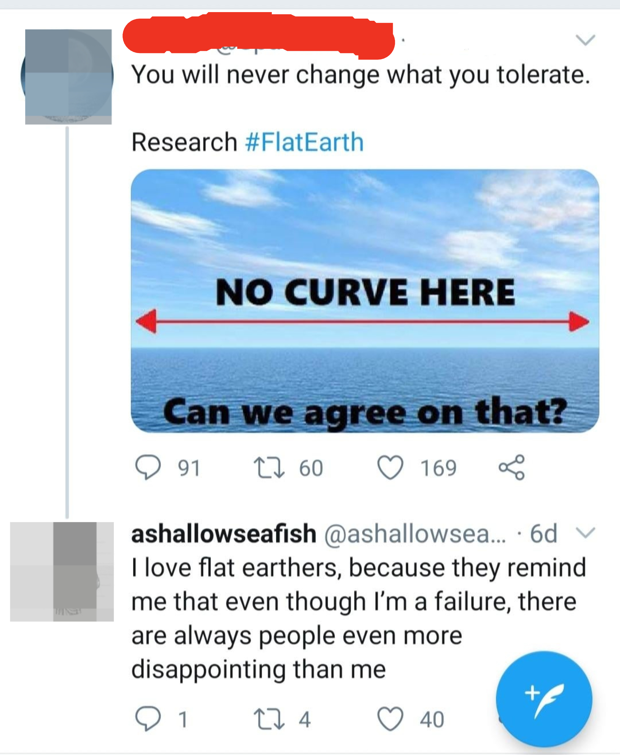 Person posts photo of the sky over the sea with text "No curve here" and "Can we agree on that?" on the horizon; someone responds, "I love flat earthers because they remind me that there are always people even more disappointing than me"