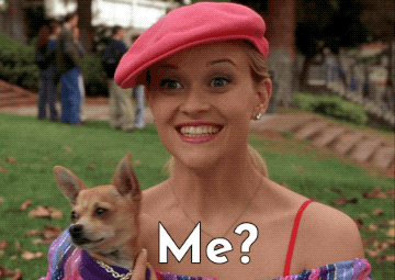 Reese Witherpoon as Elle Woods says, "ME?" excitedly.