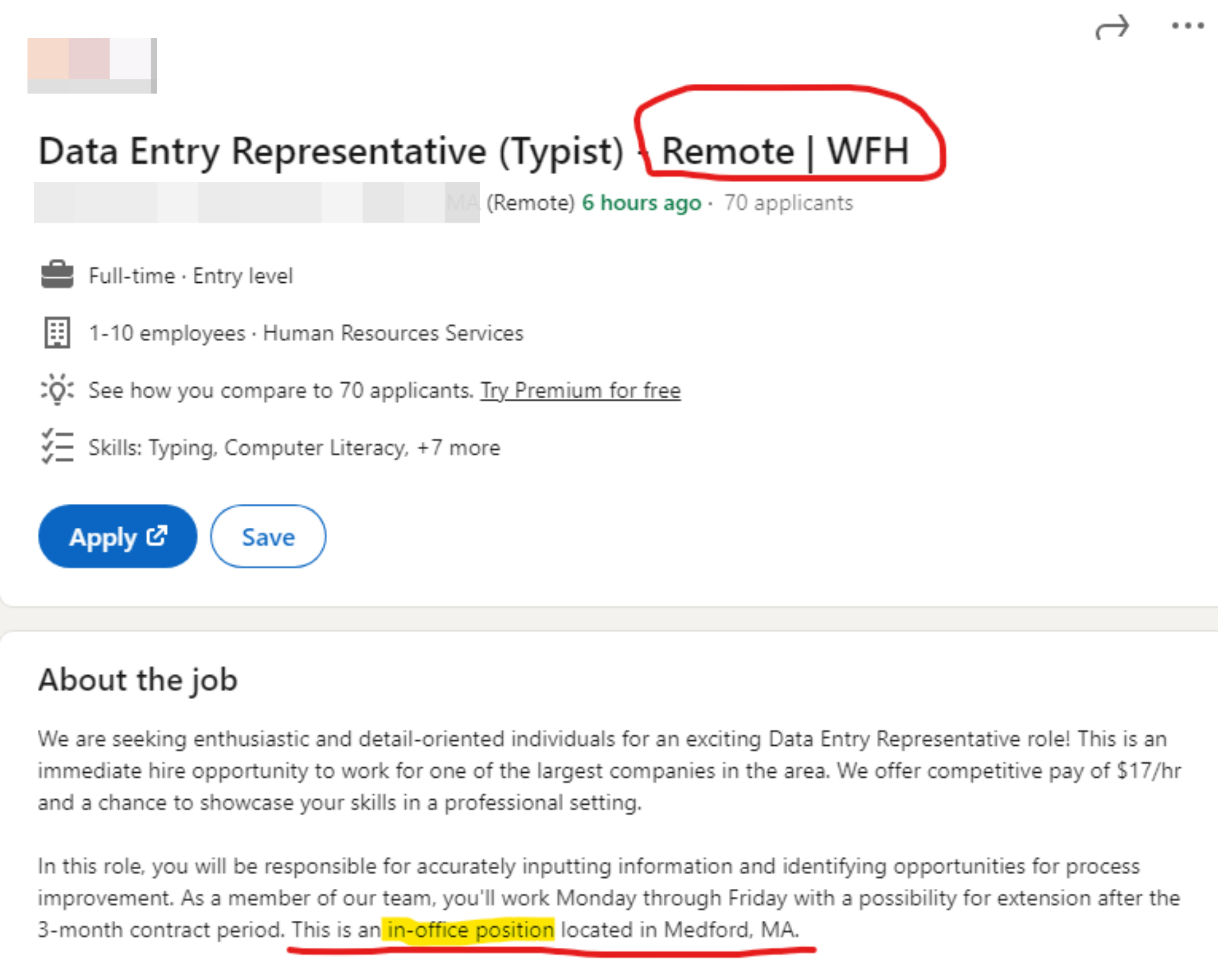 title mentions it&#x27;s work from home, but description says it&#x27;s an in-office job