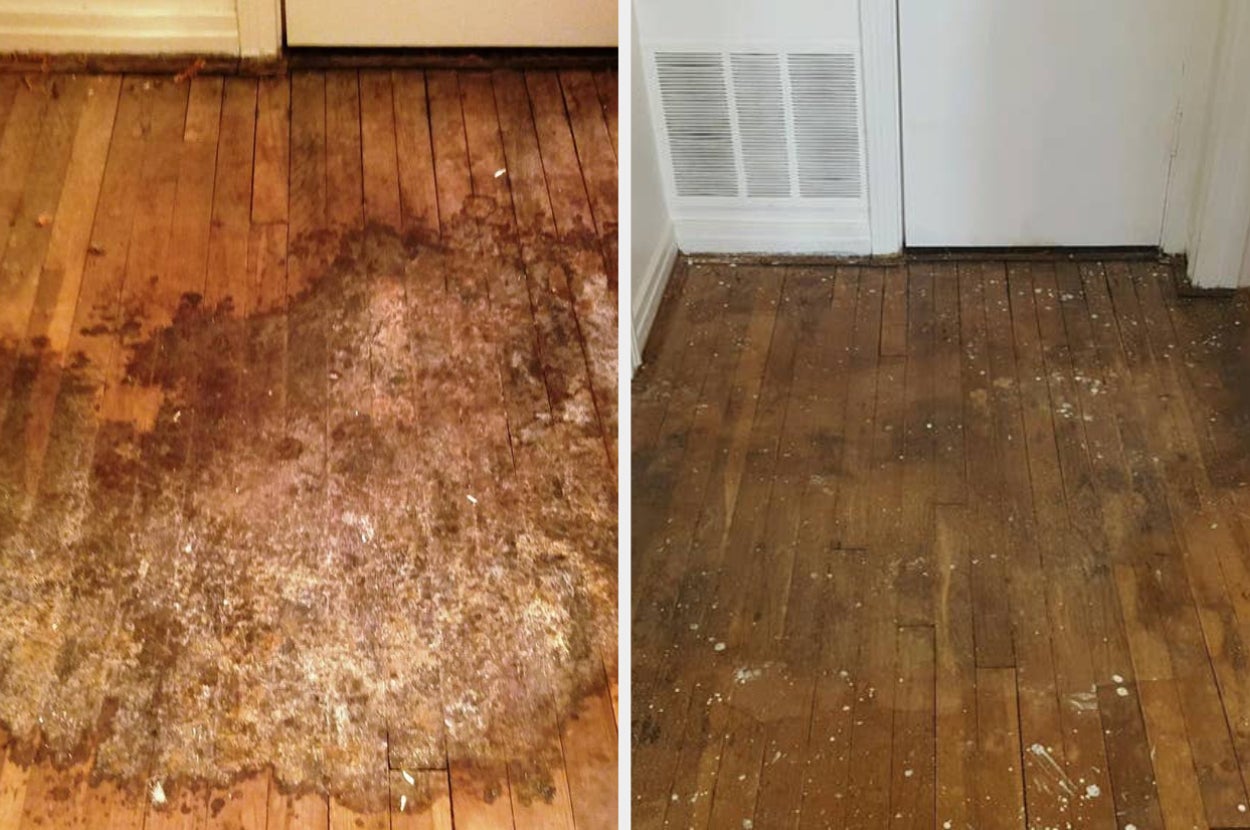 A reviewer's wooden floor with a huge stain/The same floor now without the stain