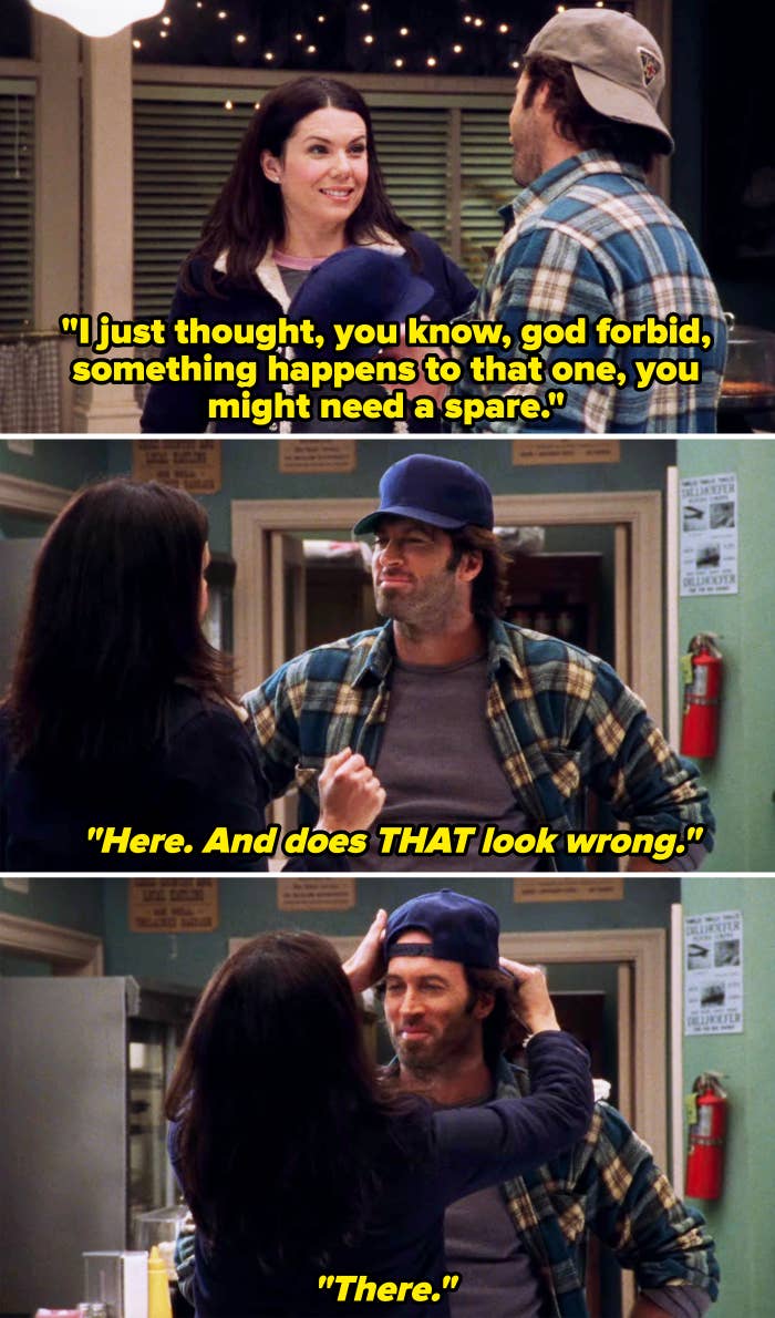 luke getting a new blue hat from Lorelai