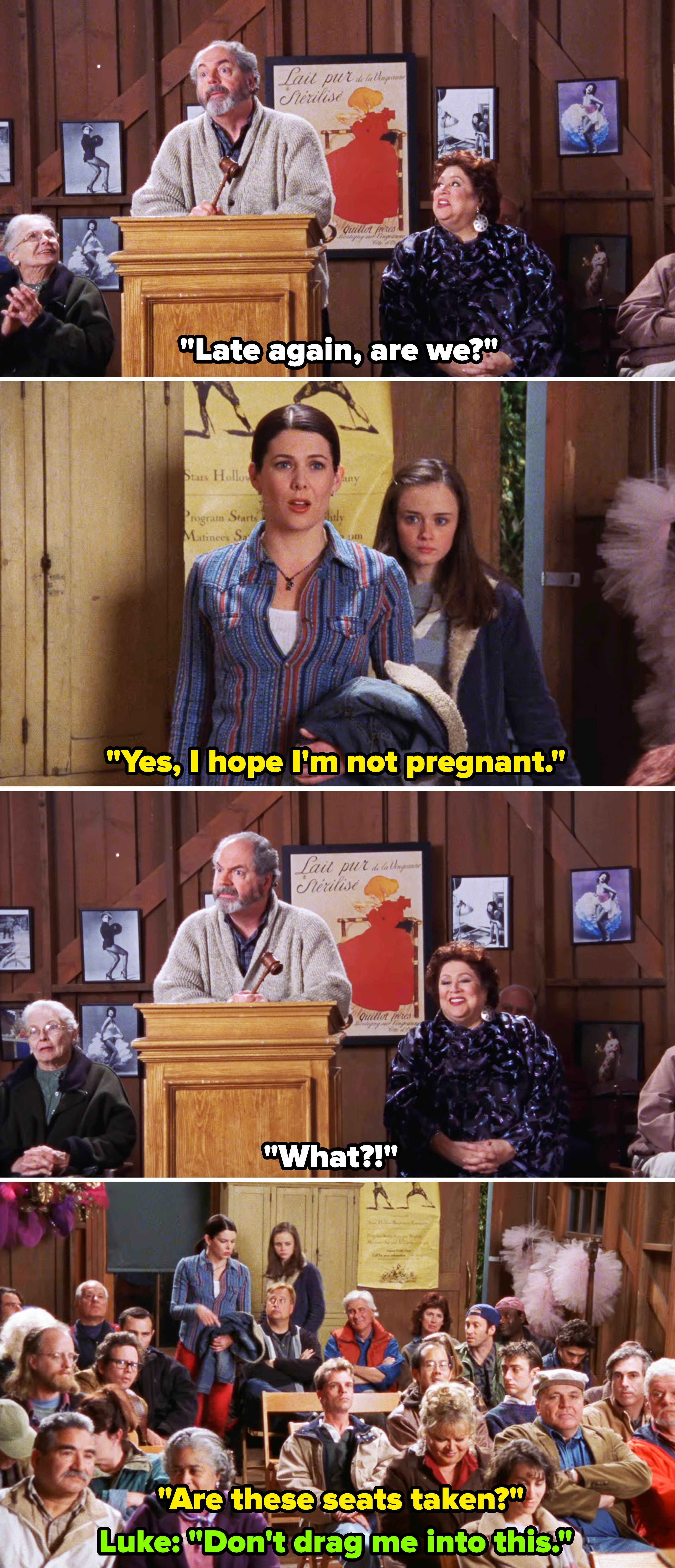 lorelai and rory showing up late to a town meeting
