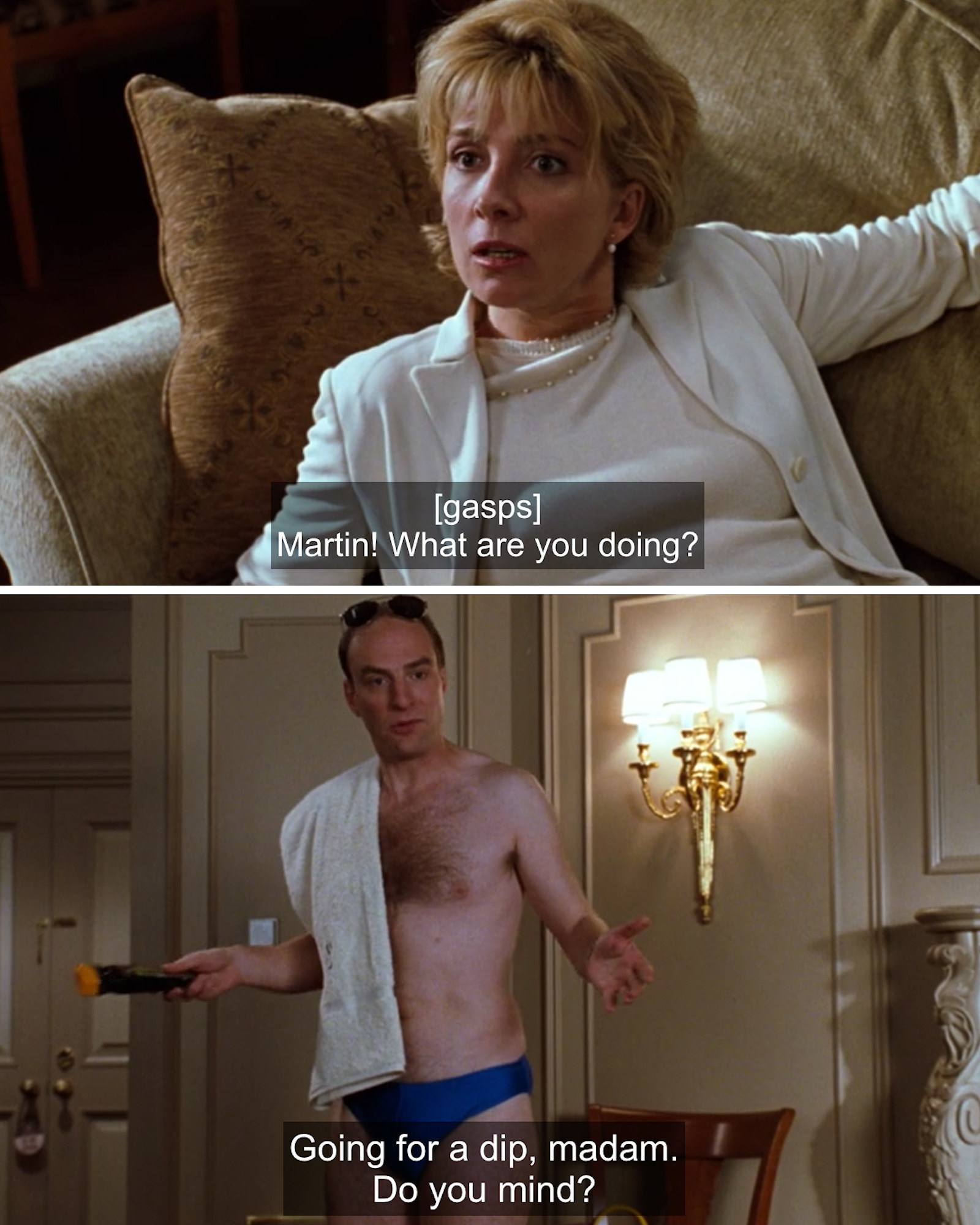 Natasha Richardson and Simon Kunz in &quot;The Parent Trap&quot; (1998), with Simon saying he&#x27;s going for a dip