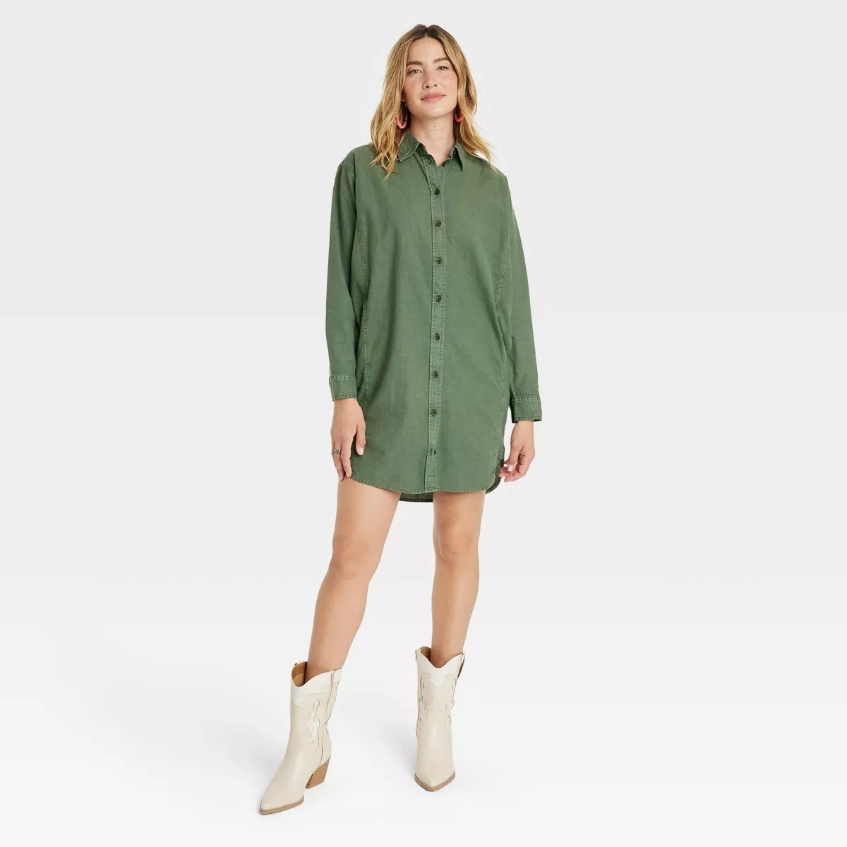 green button up t shirt dress on model