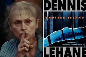 Woman from "Shutter Island" holding a finger to her mouth and the book cover.