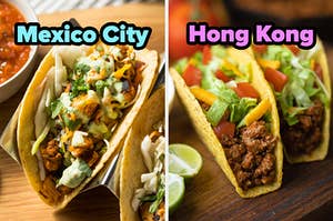 On the left, a chicken soft taco labeled Mexico City, and on the right, some crunchy ground beef tacos labeled Hong Kong
