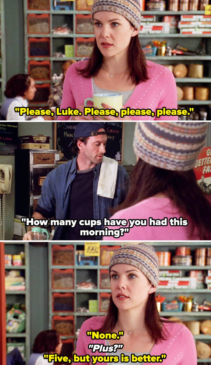 Lorelai begging for another cup of coffee from Luke