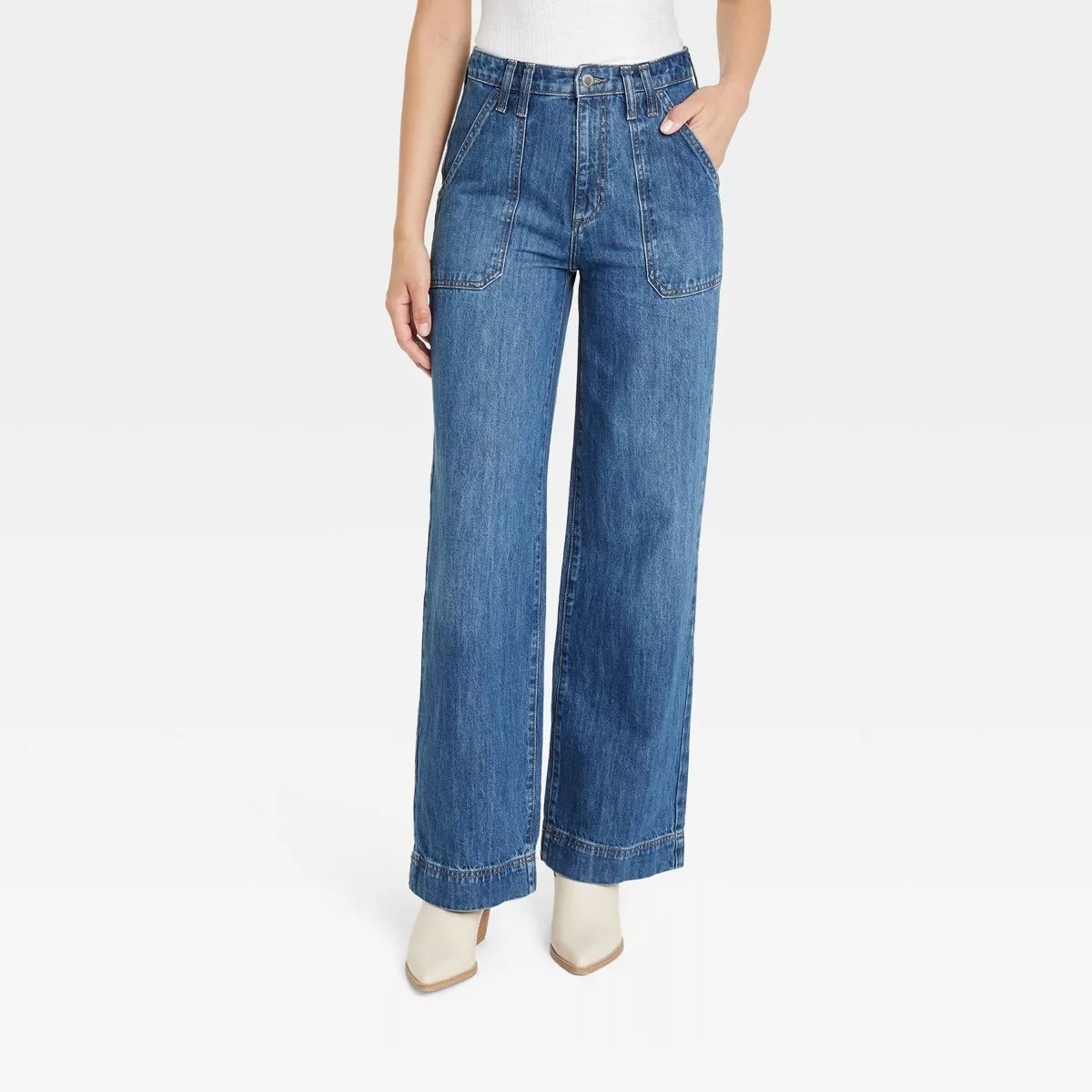 high rise denim jeans on model