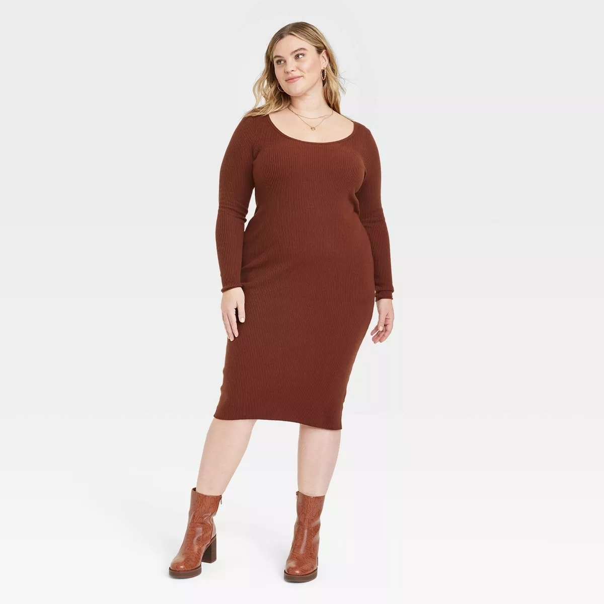 brown long sleeve ribbed sweater dress
