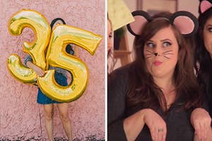 On the left, someone holding a 3 balloon and a 5 balloon to their body, and on the right, Aidy Bryant dressed like a mouse in an SNL sketch