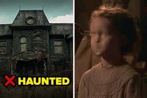 A haunted old house next to a separate image of a child with blurred out features, like a ghost
