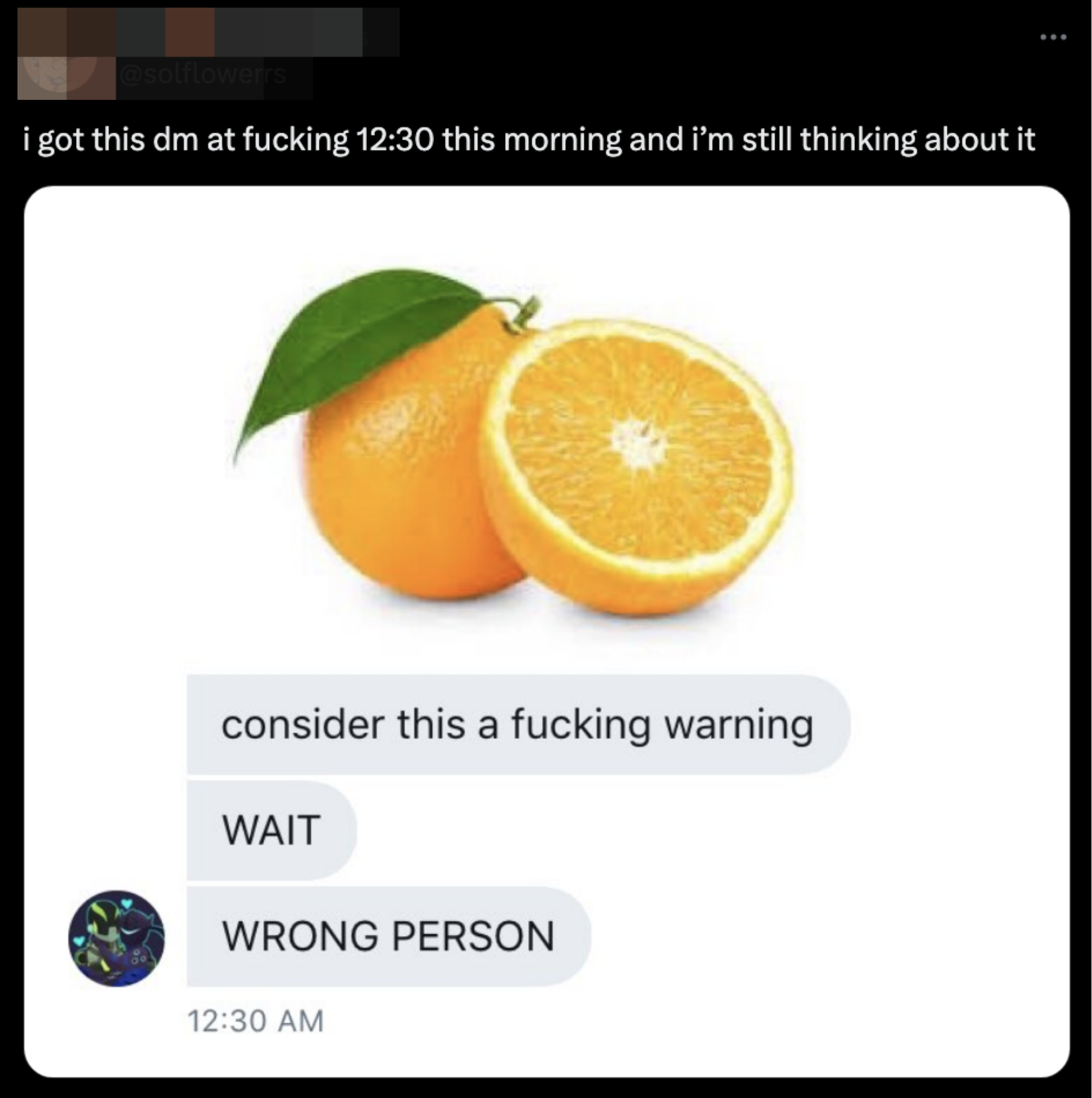 photo of an orange sliced in half with text, consider this a fucking warning, wait wrong person