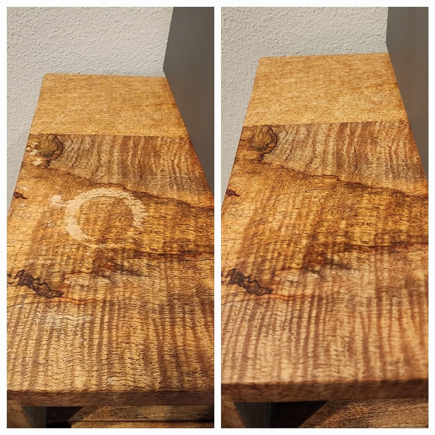 a reviewer photo of a table with a water ring and then an after photo without the ring