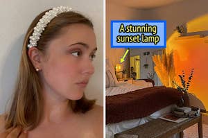 A reviewer wearing a pearl headband and a another reviewer's photo of a lamp projecting a sunset-like light into their room