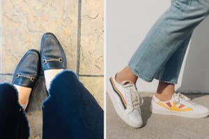 (left) black loafers (right) rainbow and sunshine sneakers