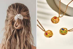 to the left: a satin scrunchie, to the right: birthstone inspired necklaces