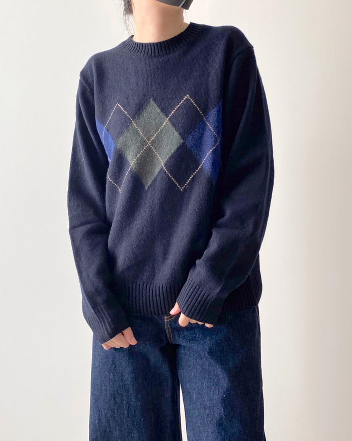 ユニクロのオススメのトップス「プレミアムラムクルーネックセーター（アーガイル・長袖）」