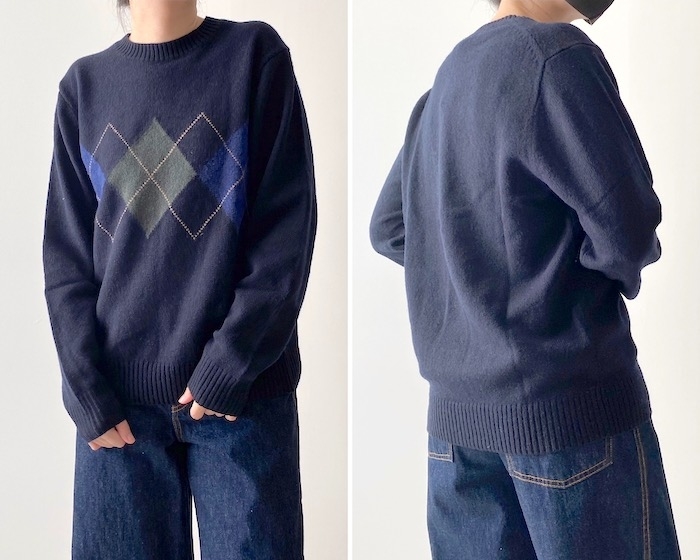 ユニクロのオススメのトップス「プレミアムラムクルーネックセーター(アーガイル・長袖)」