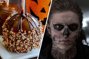 A candy apple covered in nuts and a close up of Evan Peters with skeleton makeup on