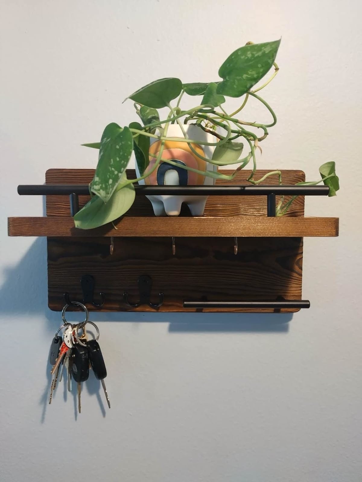 Reviewer image of the shelf with a plant and keys
