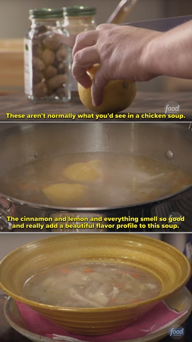 Anne Burrell slicing a lemon in half and adding it to her chicken noodle soup over the stove