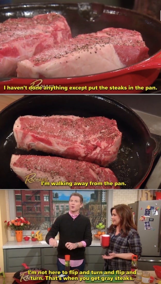 Bobby Flay and Rachael Ray cooking steaks in a pan on her talk show