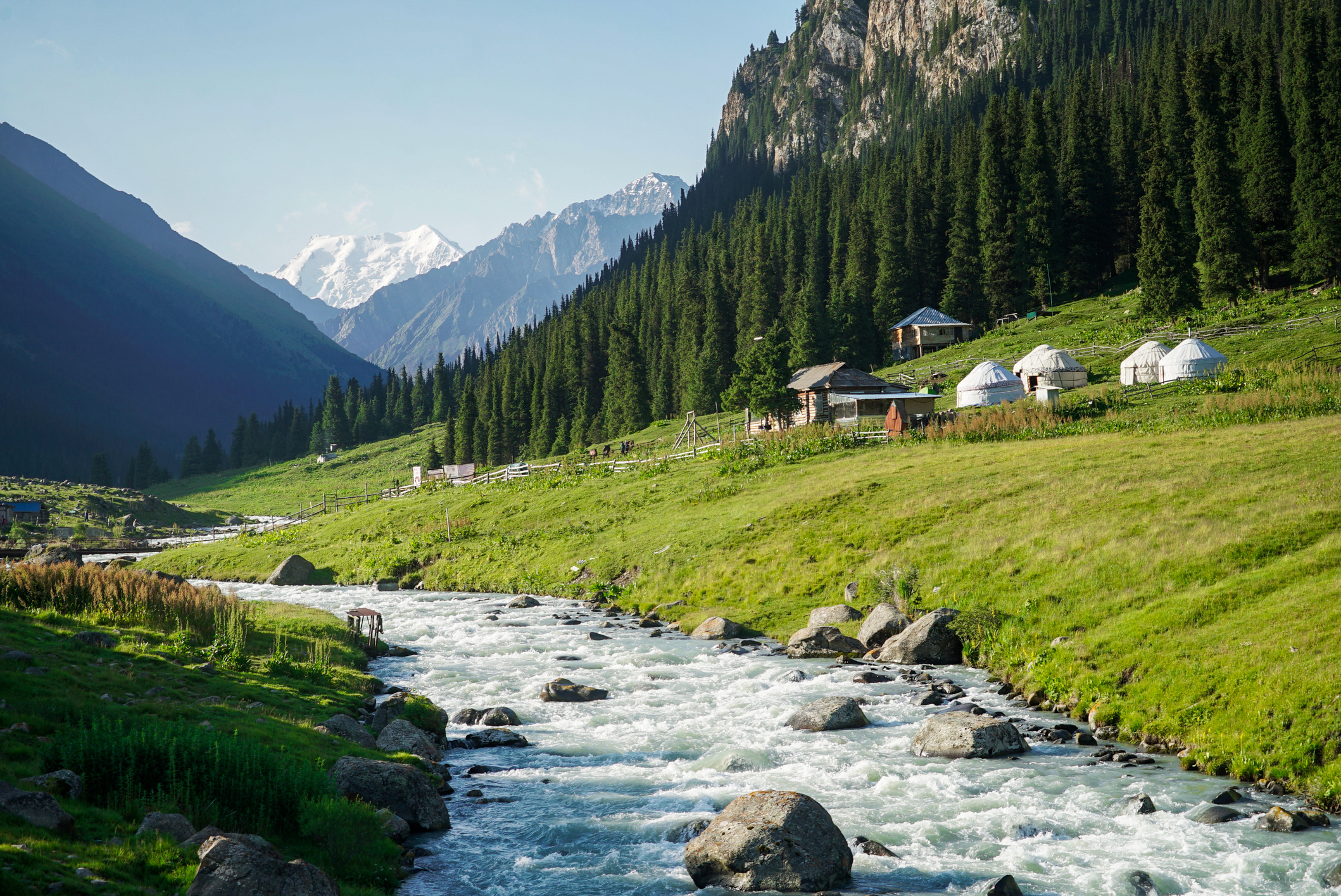 a wildlife reserve in Kyrgyzstan surrounded by trees, mountains, and a stream