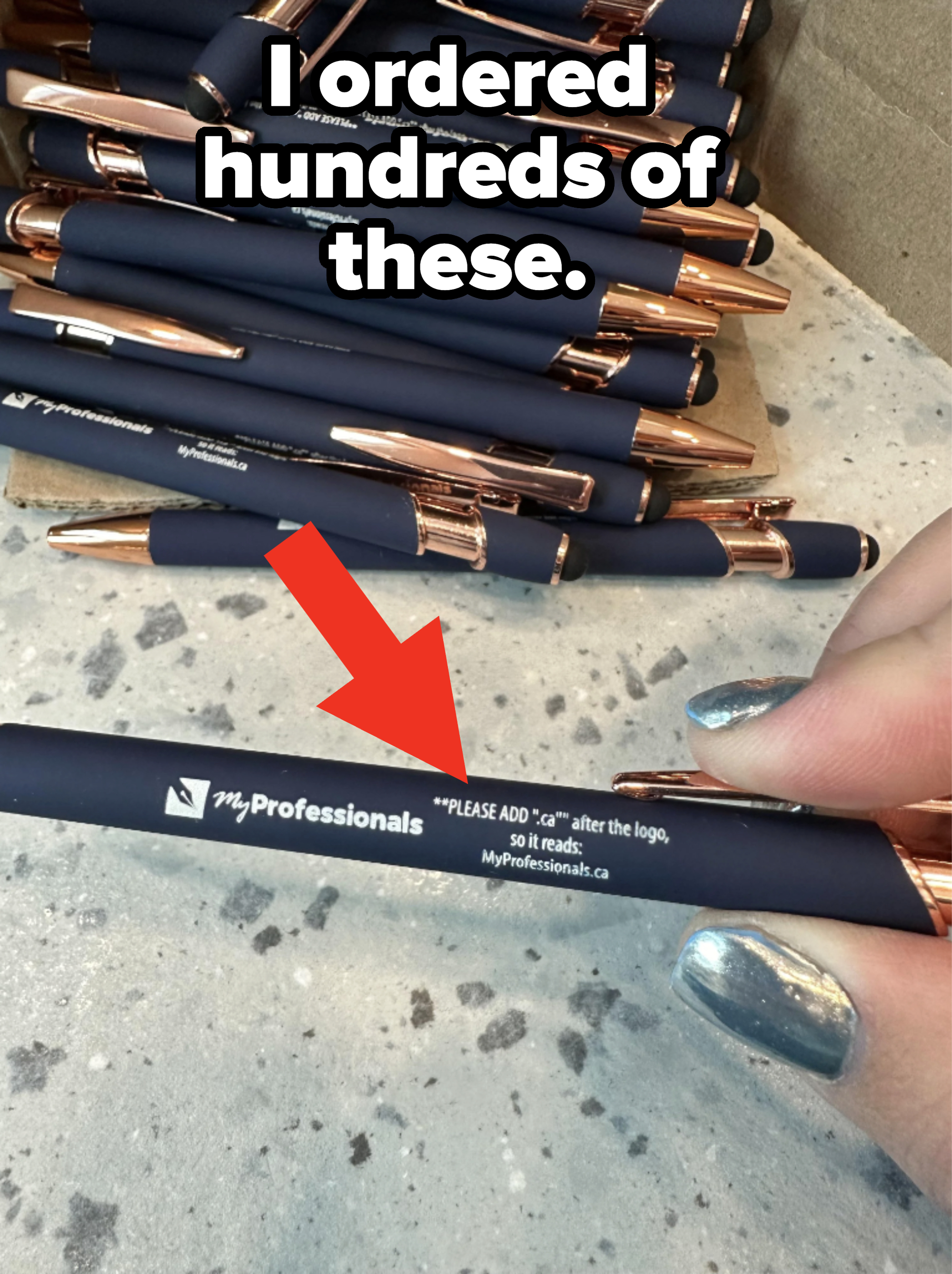 Pens with inscription that consists of instructions for what they&#x27;re supposed to say: &quot;Please add .ca&quot; after the logo so it reads: MyProfessionals.ca&quot;