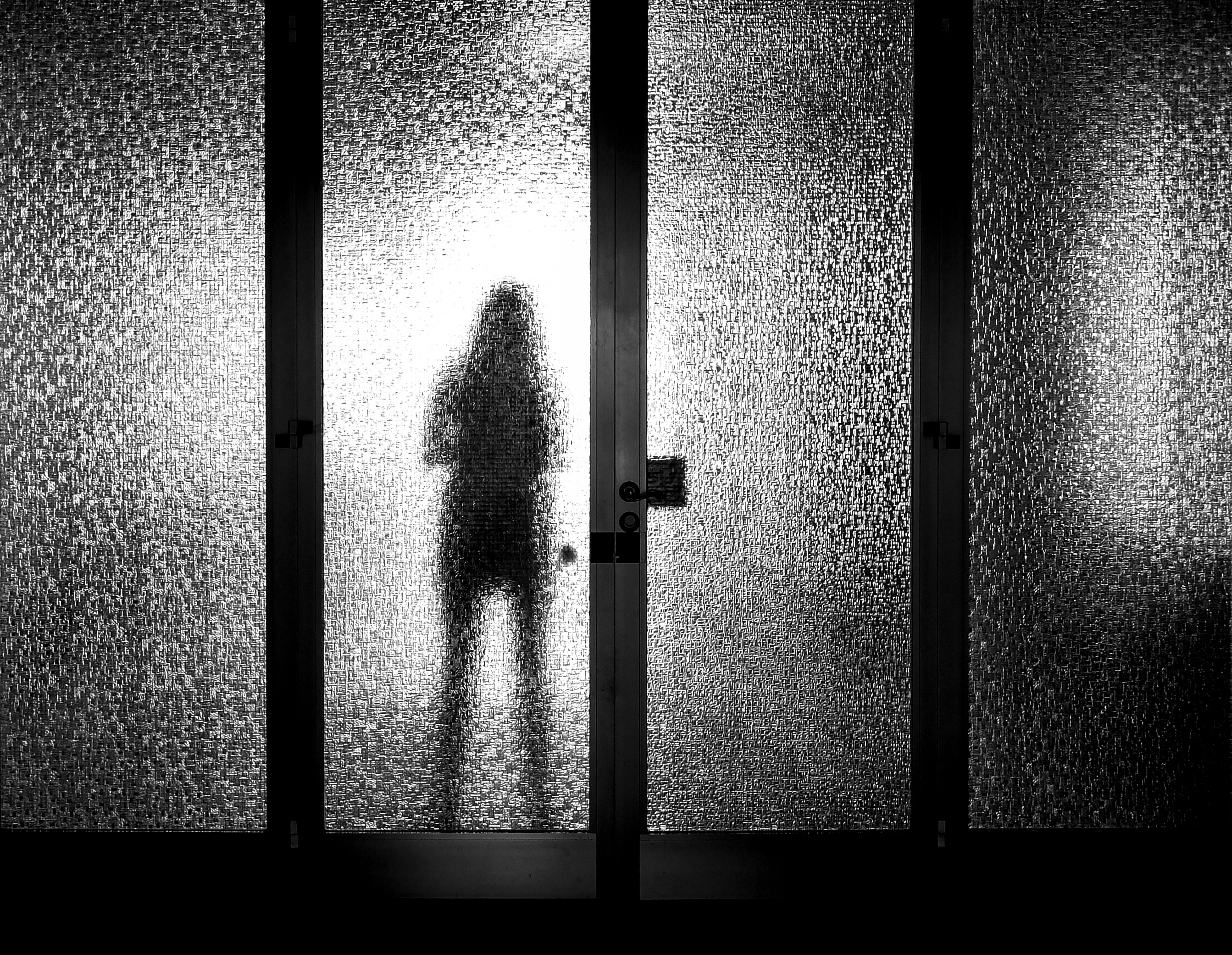 A person&#x27;s silhouette through a glass door