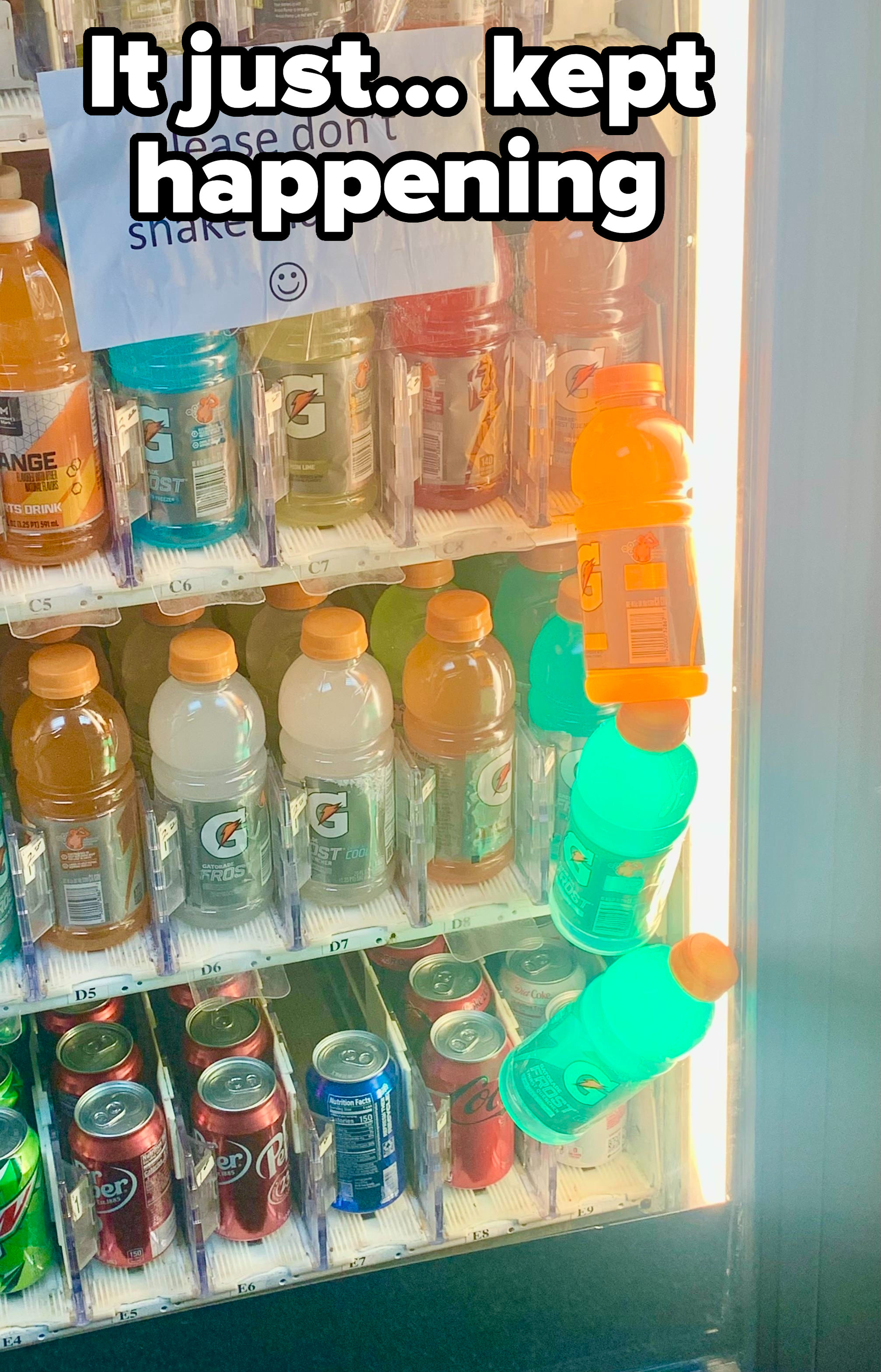 Gatorade bottles stacked in a vending machine so that they can&#x27;t be released