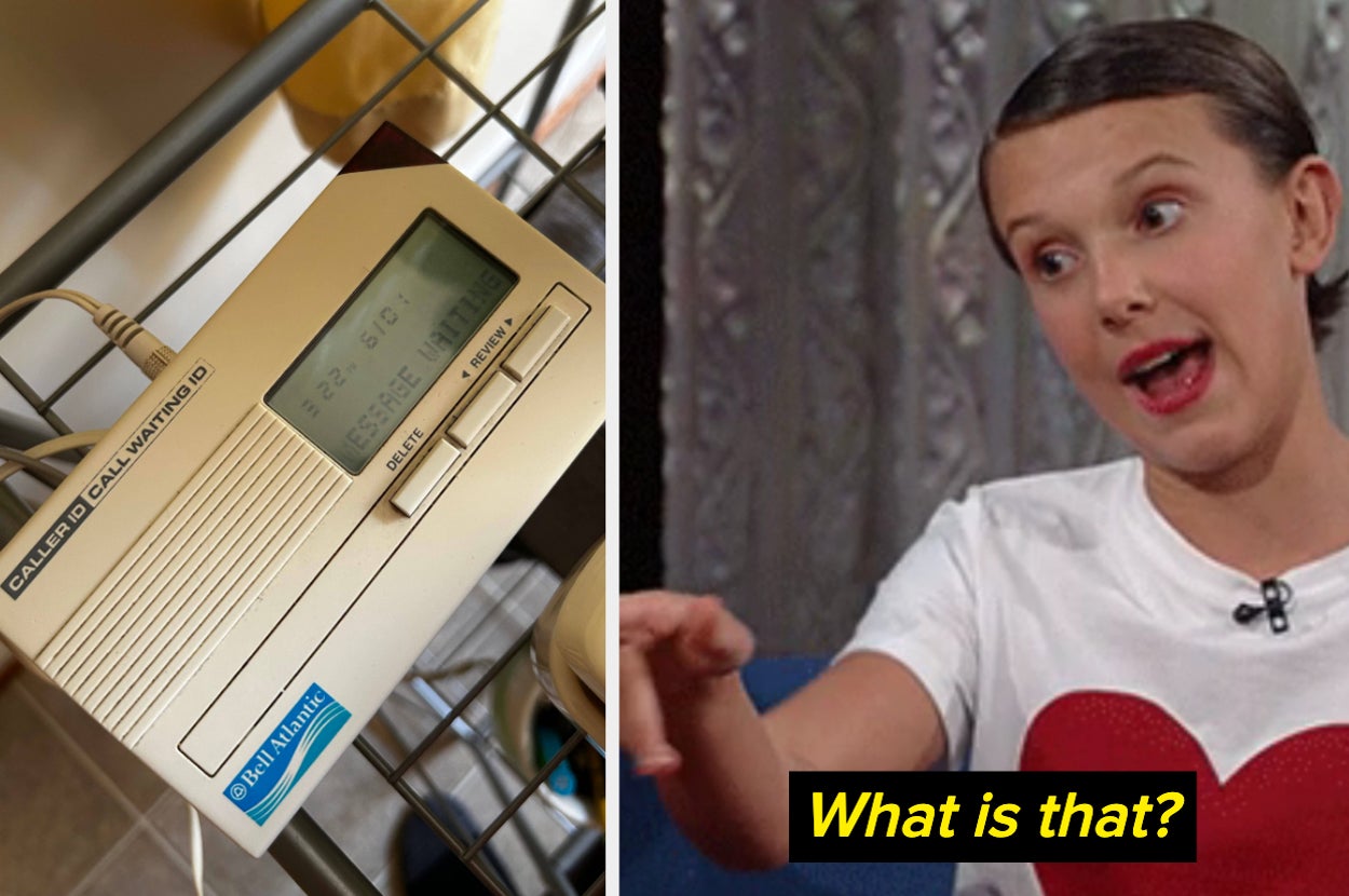 A caller ID machine next to Millie Bobby Brown pointing and asking "what is that"