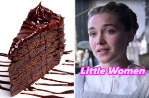 On the left, a slice of chocolate cake, and on the right, Florence Pugh as Amy in Little Women