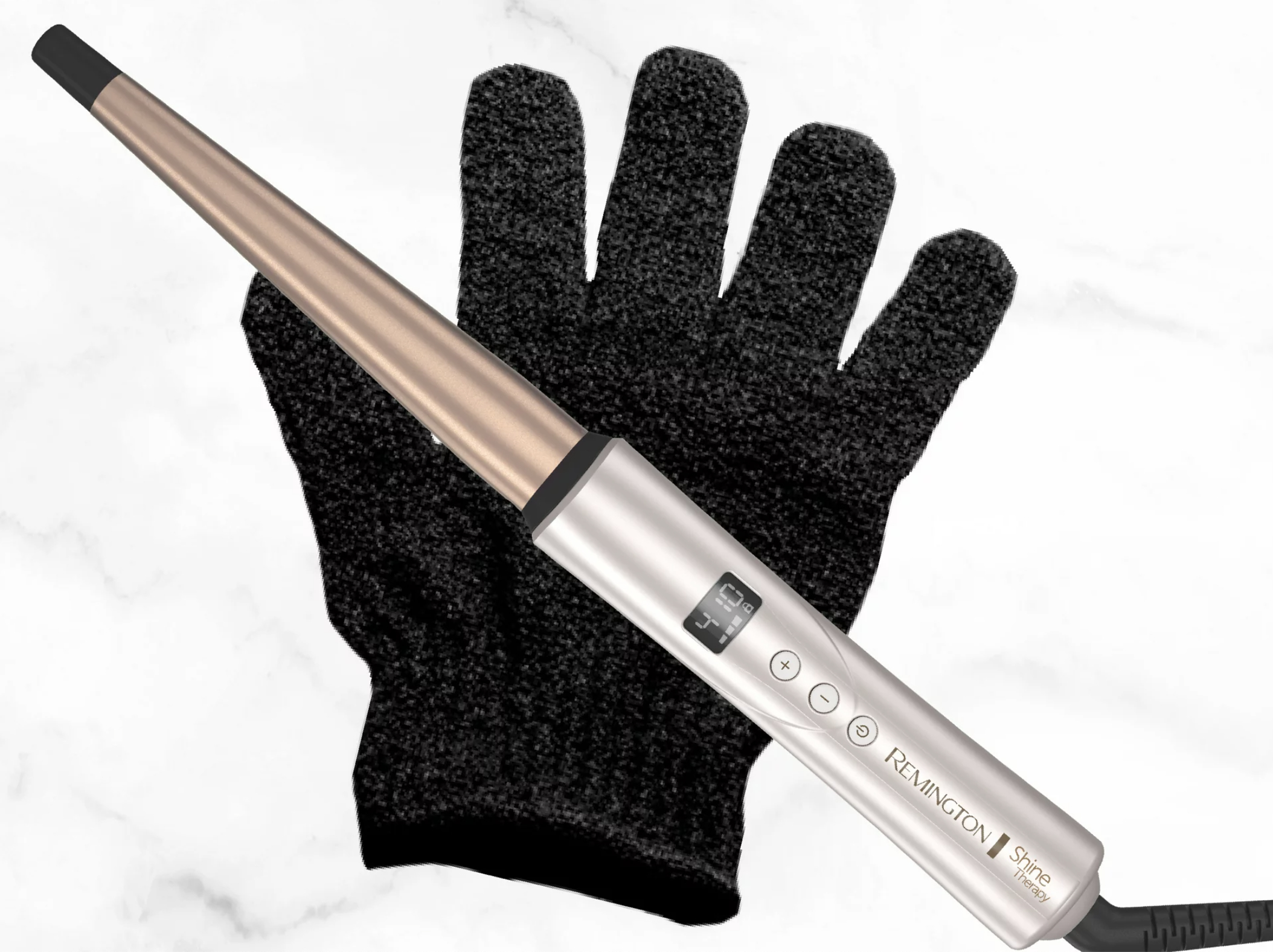 the curling wand in front of a heatless glove