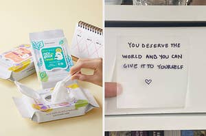 on left, package of face masks. on right, transparent sticky note with words "you deserve the world and you can give it to yourself"