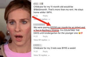 shocked face meme with screenshot of comments about expensive childcare costs