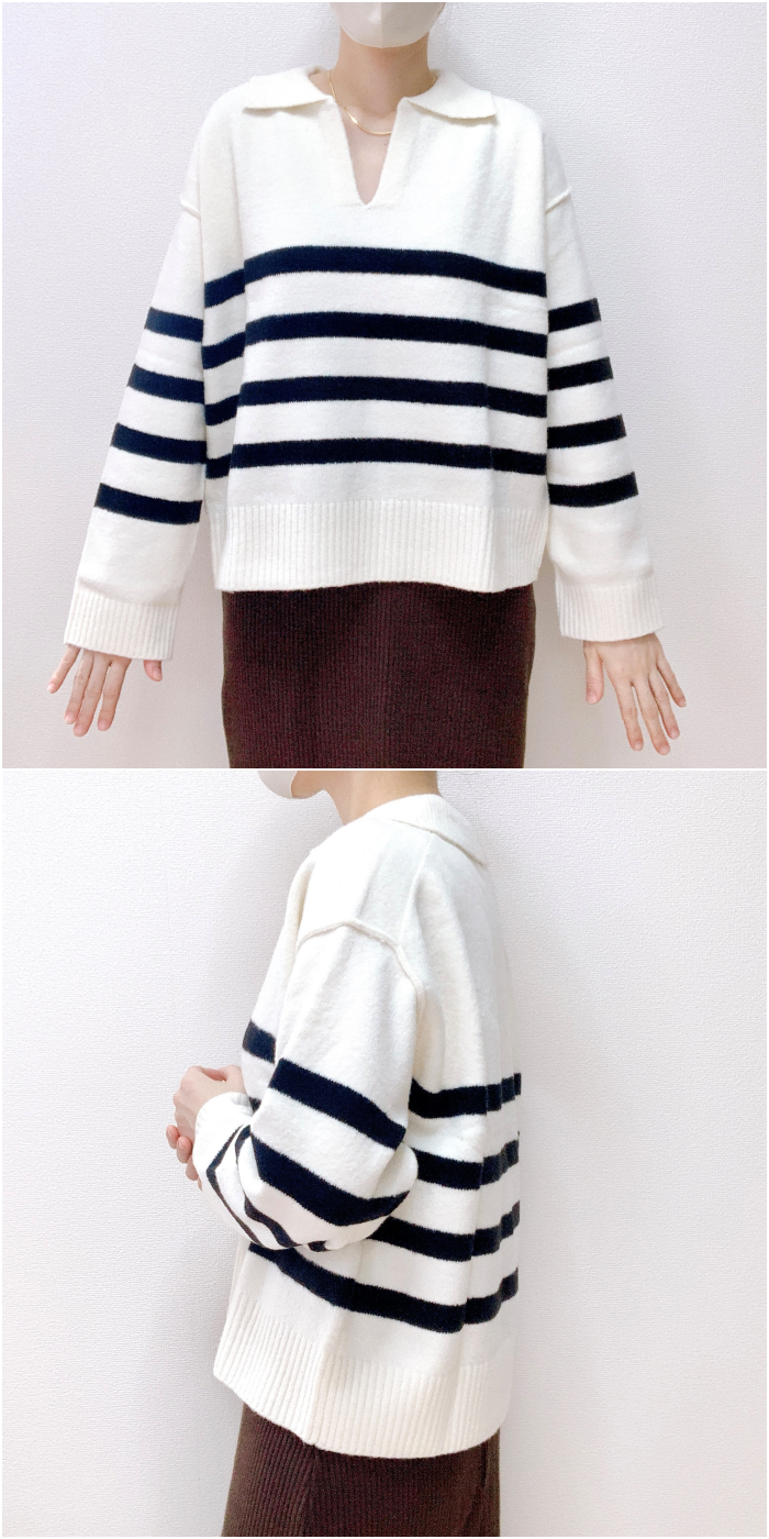 GU(ジーユー)のおすすめのレディースアイテム「パフィータッチスキッパーポロセーター(長袖)(ボーダー)」