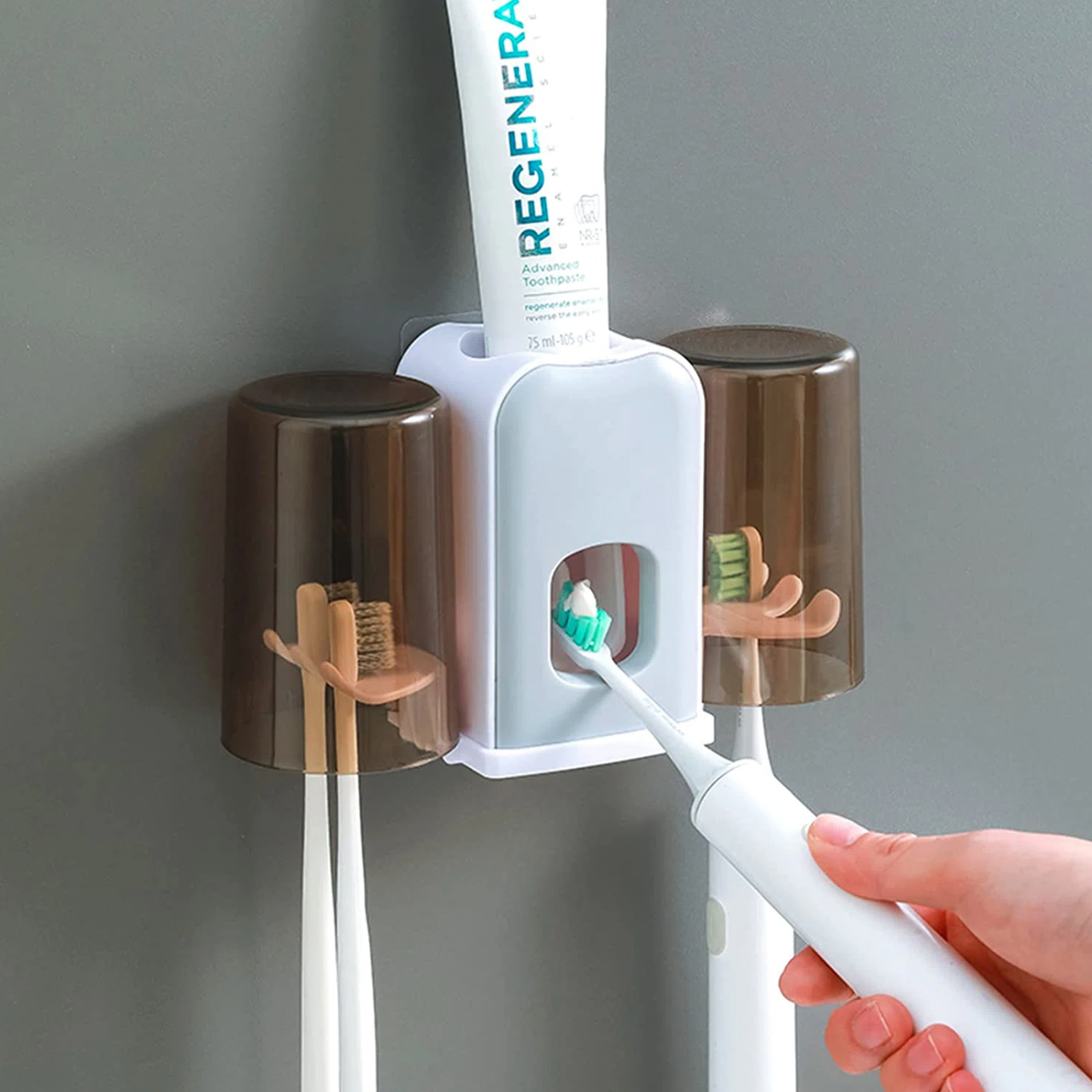 a toothbrush holder with an automatic dispenser for toothpaste